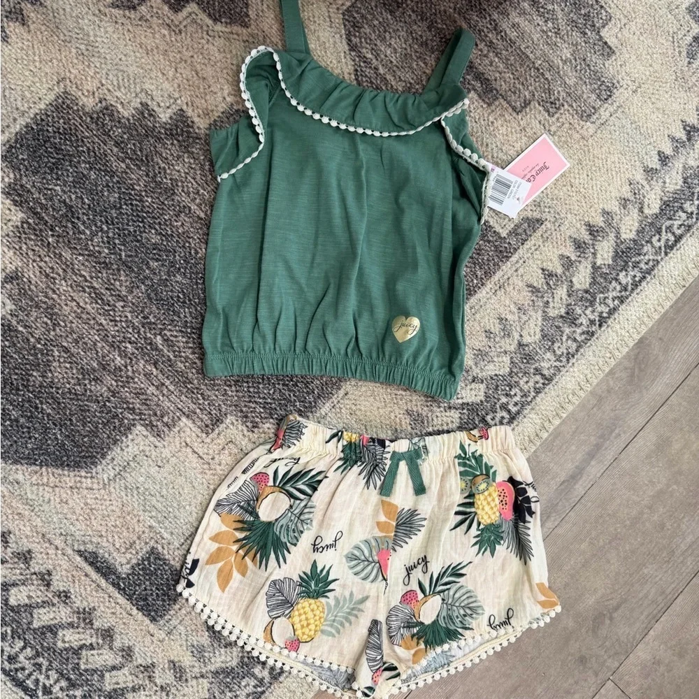 New Juicy Couture Boho Tank & Cream Tropical Print Tassel Shorts Girls sz 6 Set